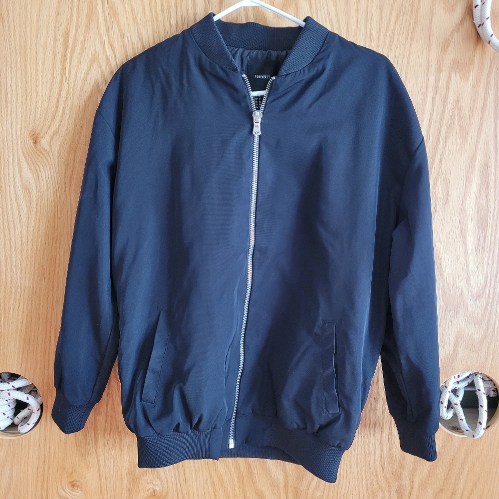 Forever 21 Men Black Bomber Jacket Medium Unisex